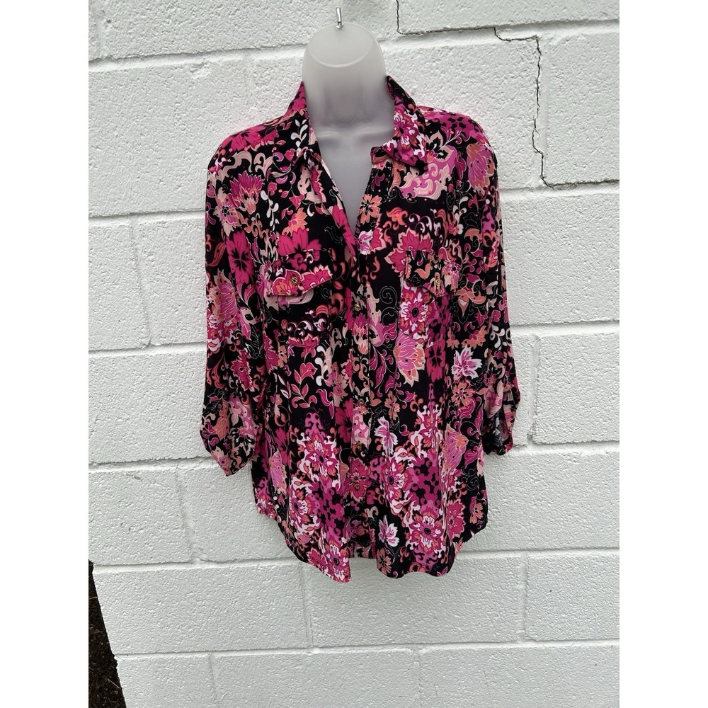 Emily Daniels XL Black Pink Floral Collared Sequin Button-Up 3/4 Sleeve Blouse - Picture 12 of 14
